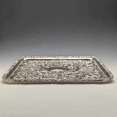 1902年 英国アンティーク 純銀 レリーフ彫刻 ドレッシングテーブルトレイ 306g